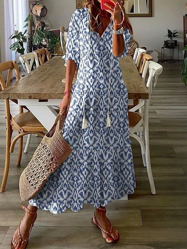 Women's Boho Floral V-Neck Tassel Maxi Dress Flowy