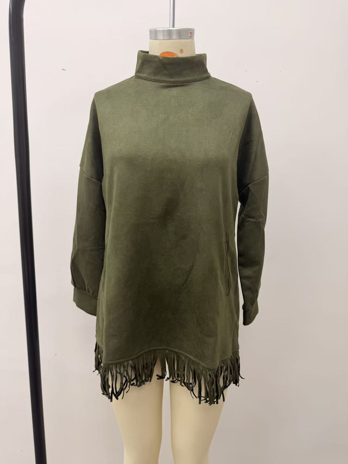 Mock Neck Suede Fringe Dress Long Sleeve Pockets