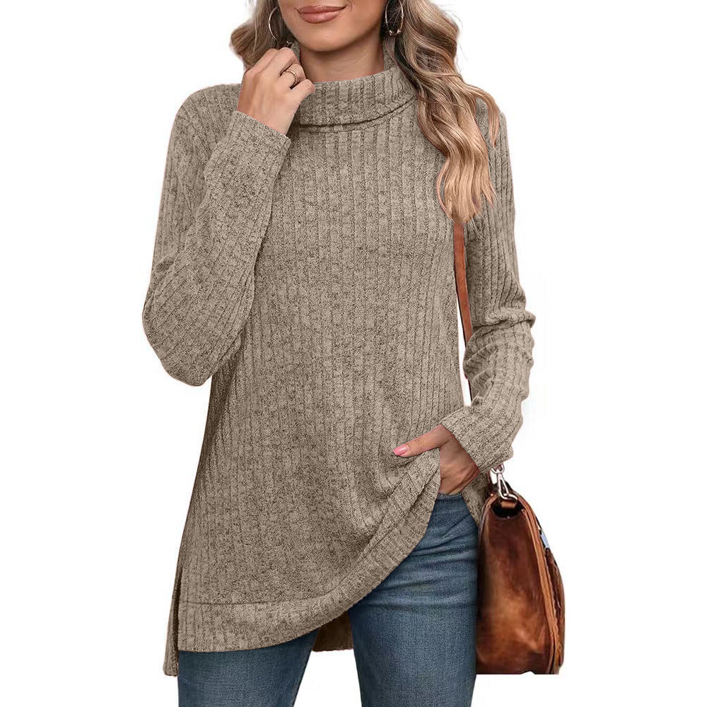 Oversized Ribbed Turtleneck Tunic Top Side Split