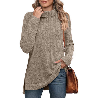 Oversized Ribbed Turtleneck Tunic Top Side Split