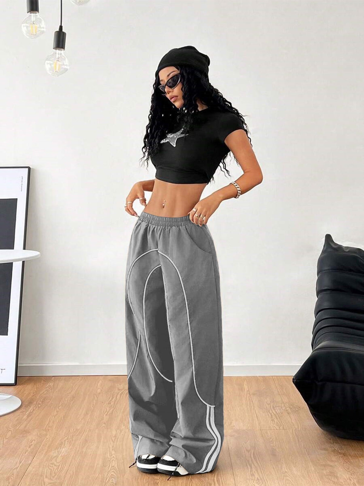 Women Baggy Wide Leg Pants Contrast Trim Low Rise Y2K