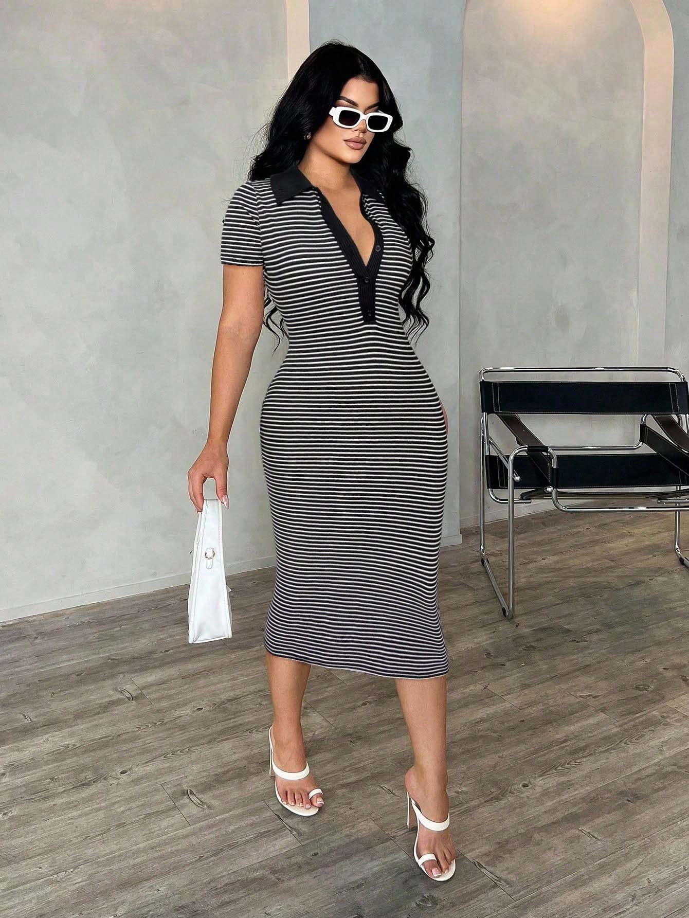 Polo Collar Stripe Bodycon Midi Dress Short Sleeve Casual