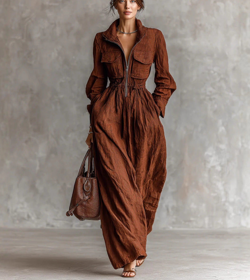 Zip Front Collared Maxi Dress Long Sleeve Elastic Waist