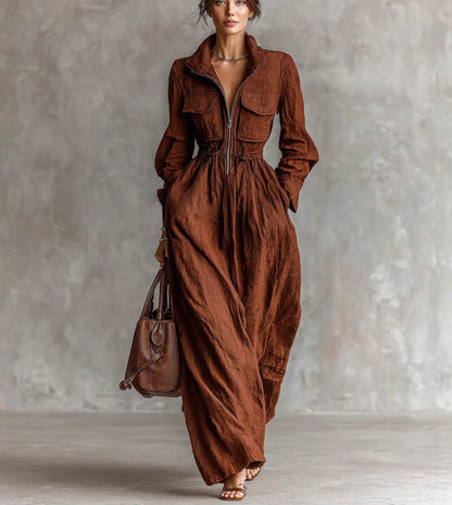 Zip Front Collared Maxi Dress Long Sleeve Elastic Waist