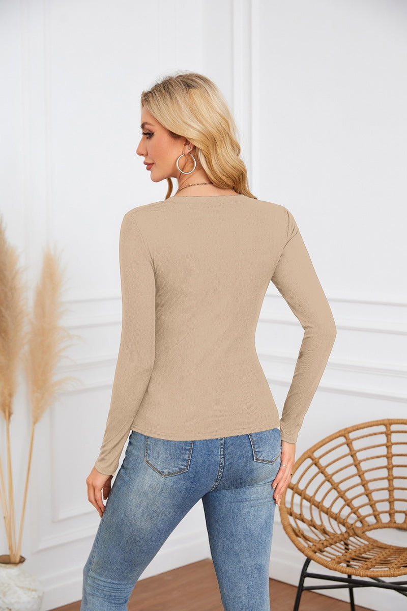 Ribbed Deep V Neck Slim Fit Long Sleeve Tee