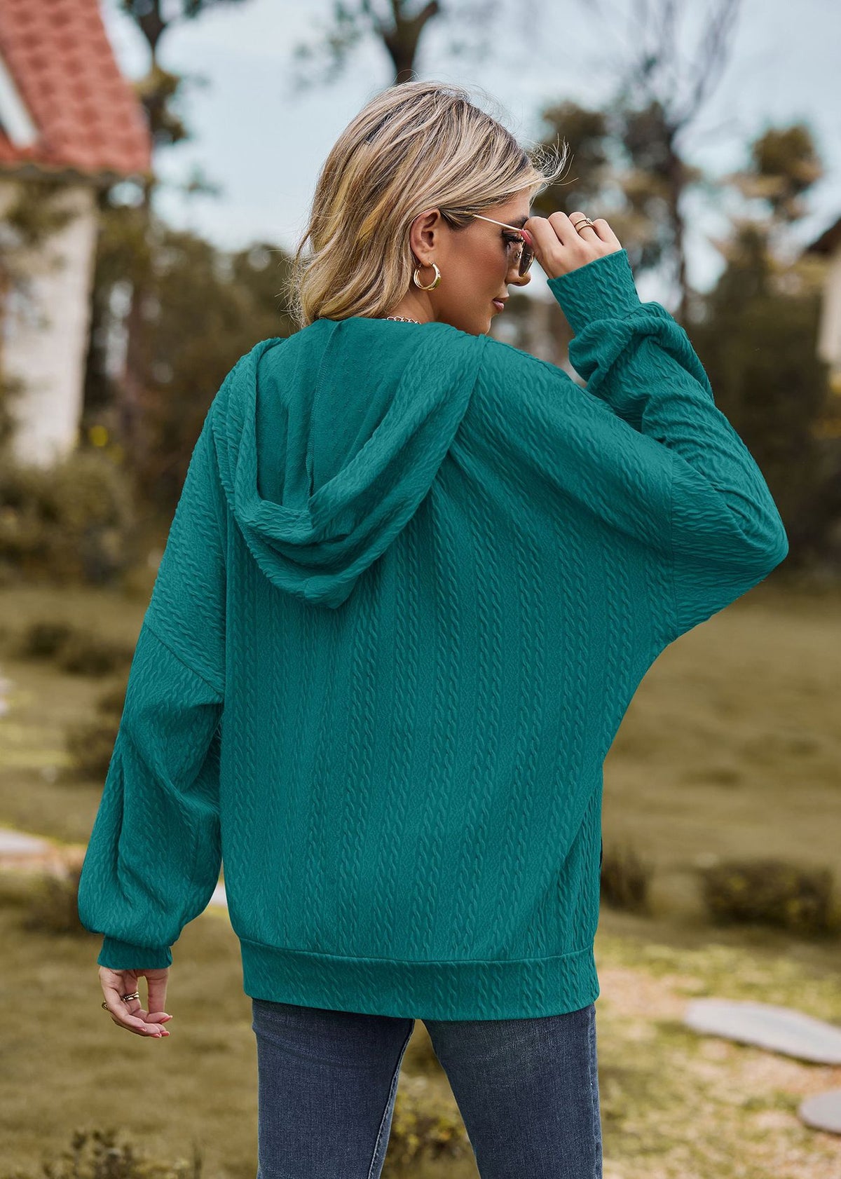 Oversized Textured Zip-Up Hoodie Jacket Pockets