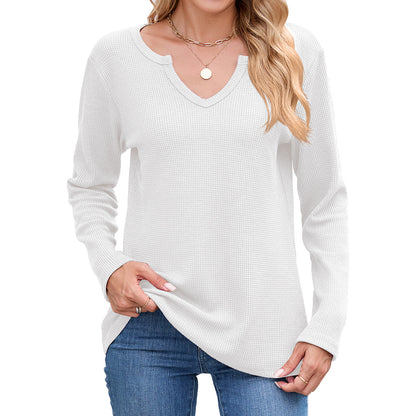 Women's Waffle Knit V-Neck Long Sleeve Loose Fit Top