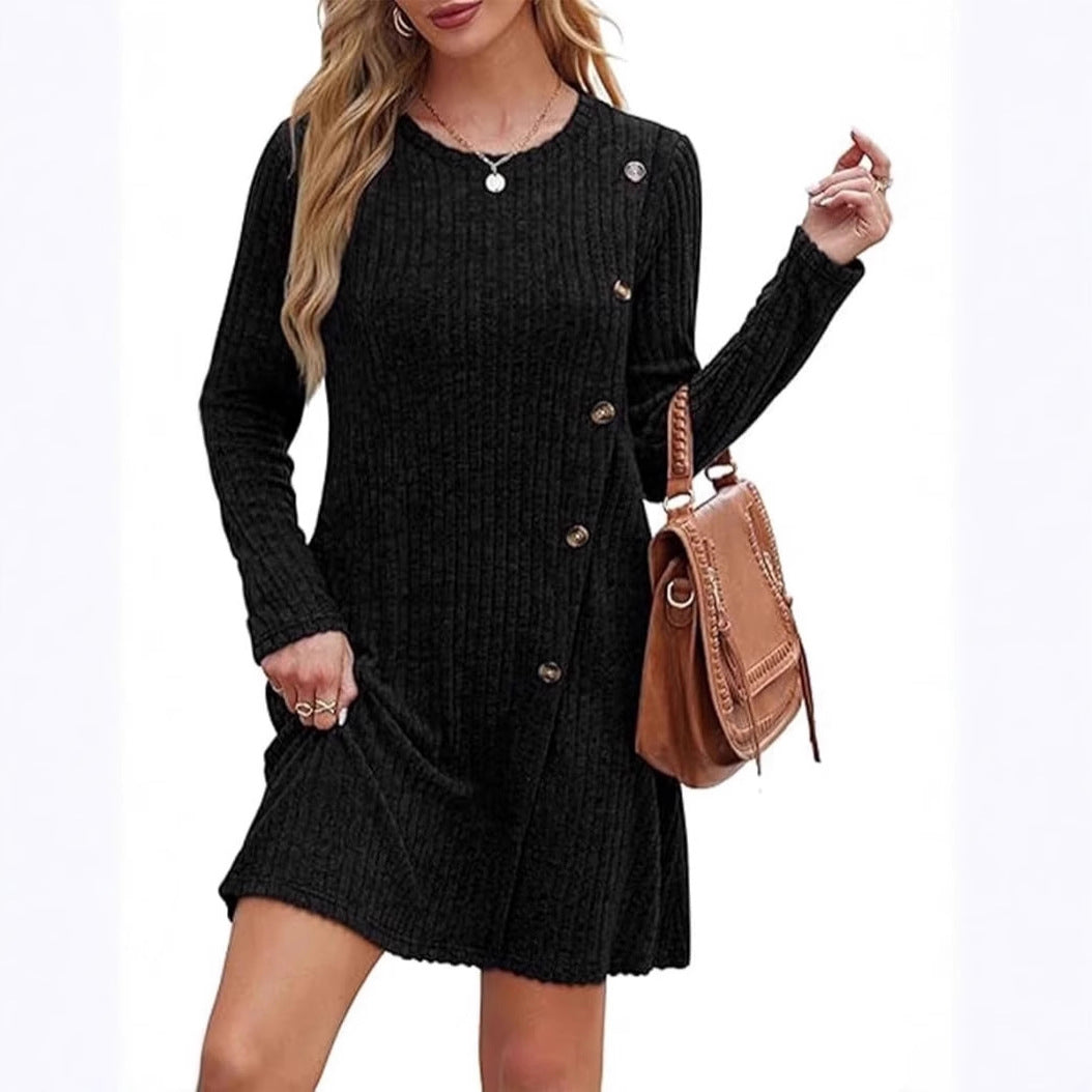 Ribbed Long Sleeve Dress with Side Buttons & Pockets