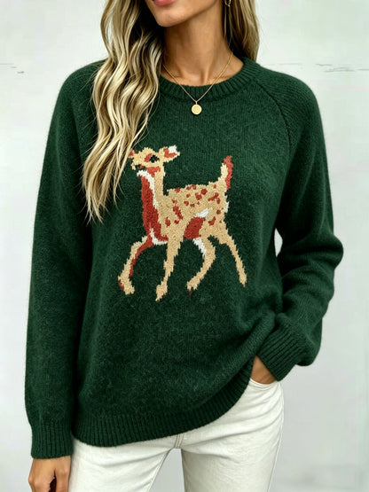 Women's Cute Deer Crewneck Knit Pullover Sweater