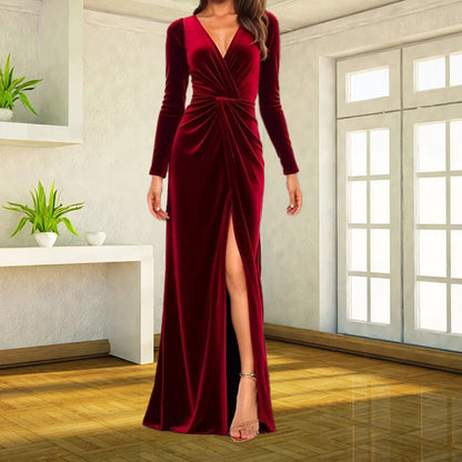 Velvet Long Sleeve Ruched Maxi Dress Deep V-Neck Slit