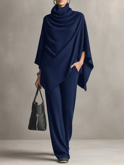 Women's Cowl Neck Poncho Wide Leg Pants Two Piece Set