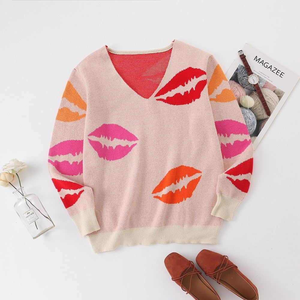 Lip Print V Neck Sweater Y2K Valentine Knit Pullover