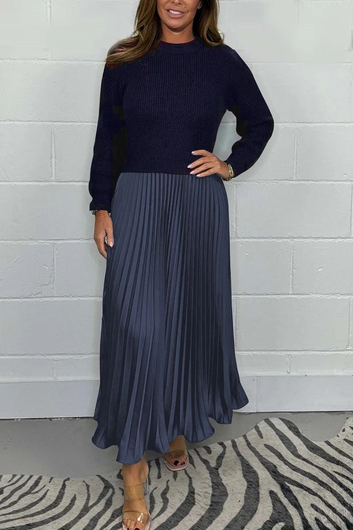 Ribbed Long Sleeve Colorblock Pleated Maxi Dress