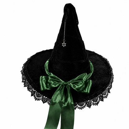 Gothic Velvet Witch Hat with Lace Brim and Satin Bow