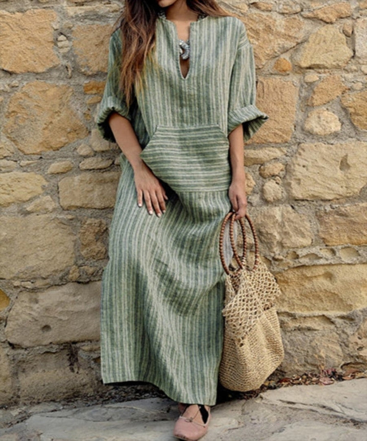 Women Striped Cotton Linen Maxi Dress Casual Loose Pockets