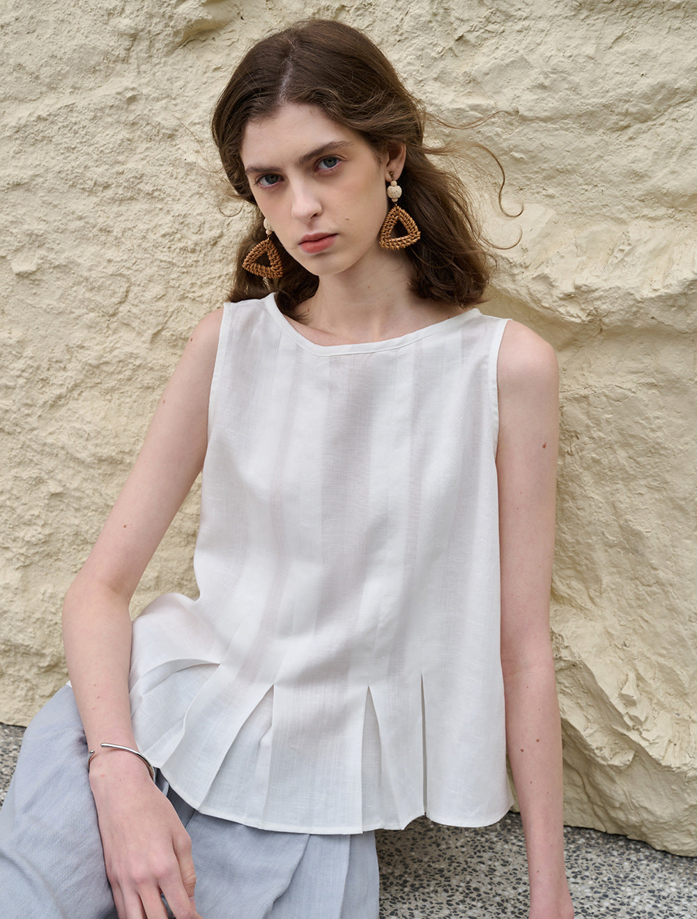 Pleated Lyocell Vest Loose Summer Casual Sleeveless Top