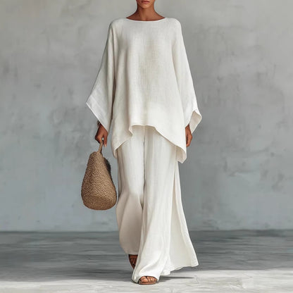 Linen Blend Batwing Top Wide Leg Pants Two Piece Set