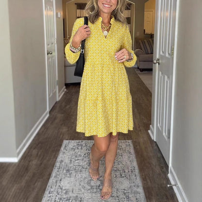 Women's Geometric V-Neck Midi Dress 3/4 Sleeve Flowy Casual