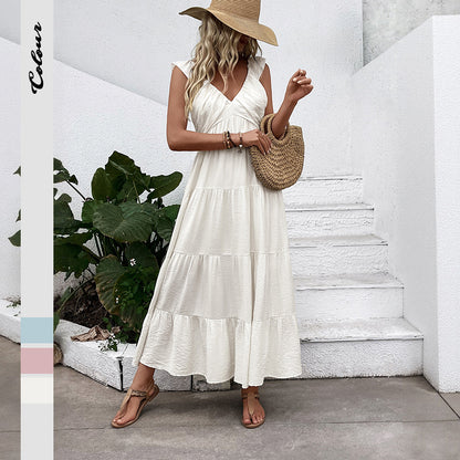 Boho V Neck Sleeveless Tiered Maxi Dress Beach Vacation