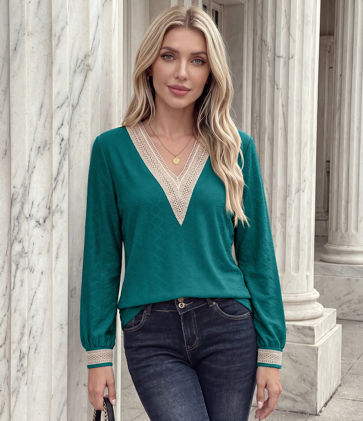 Women's Lace Trim V Neck Long Sleeve Tunic Top