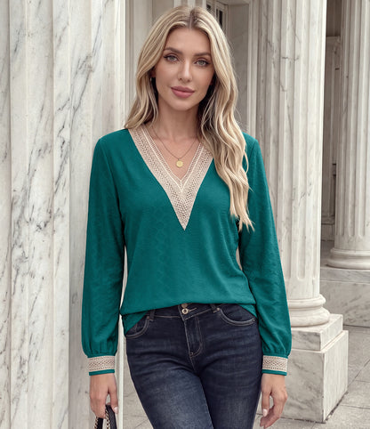 Women's Lace Trim V Neck Long Sleeve Tunic Top