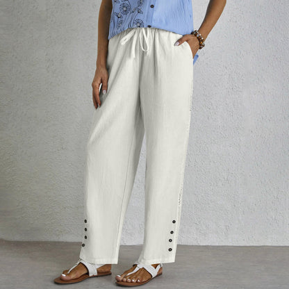Women's Cotton Linen Pants Drawstring Eyelet Button Hem