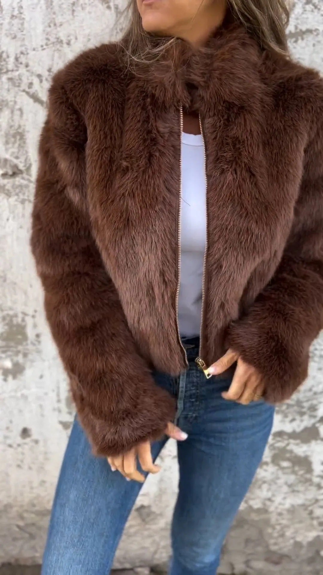 Women's Faux Fur Zip Up Jacket High Neck Streetwear