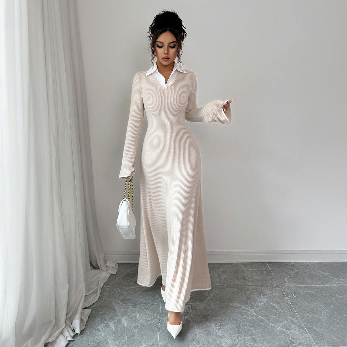 Ribbed Long Sleeve Collared Maxi Dress