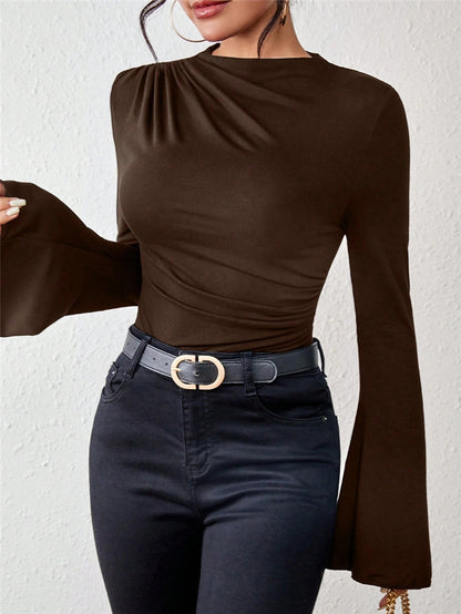 Women's Mock Neck Bell Sleeve Ruched Fitted Top
