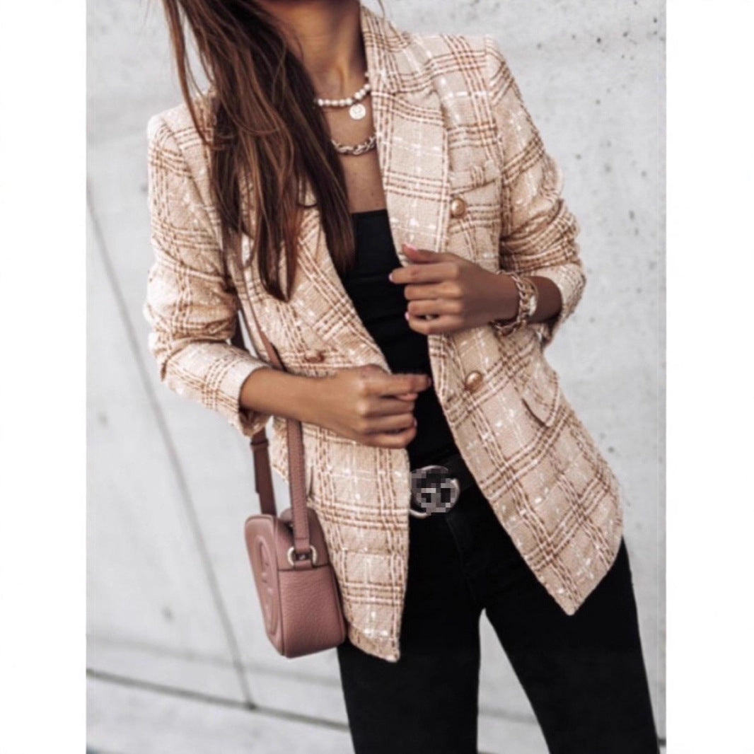 Women's Tweed Plaid Blazer Long Sleeve Jacket