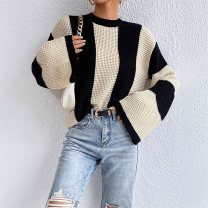 Color Block Sweater Crew Neck Balloon Sleeve Oversized