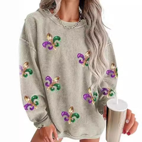 Women's Corduroy Oversized Embroidered Crewneck Sweatshirt