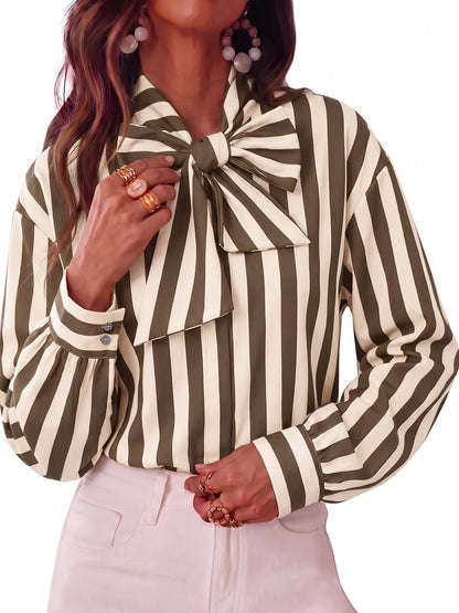 Women's Striped Tie Neck Long Sleeve Blouse Casual