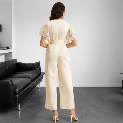 Elegant Lace Satin Wide Leg Belted Jumpsuit