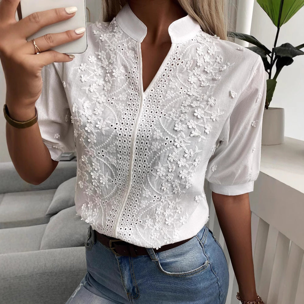 Women's Eyelet Embroidered V Neck White Blouse