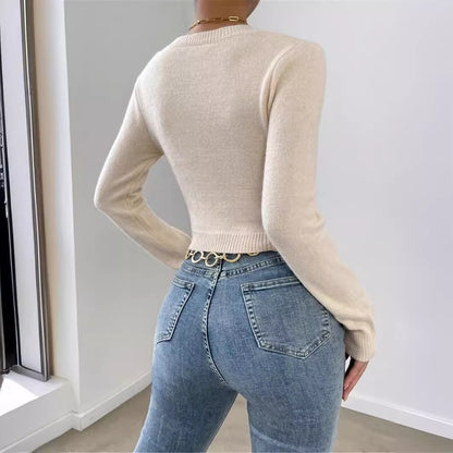 Twist Front Crop Sweater Crew Neck Long Sleeve Fitted