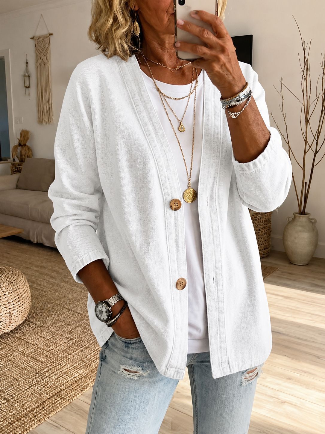 Women's Oversized V-Neck Denim Button Down Shirt