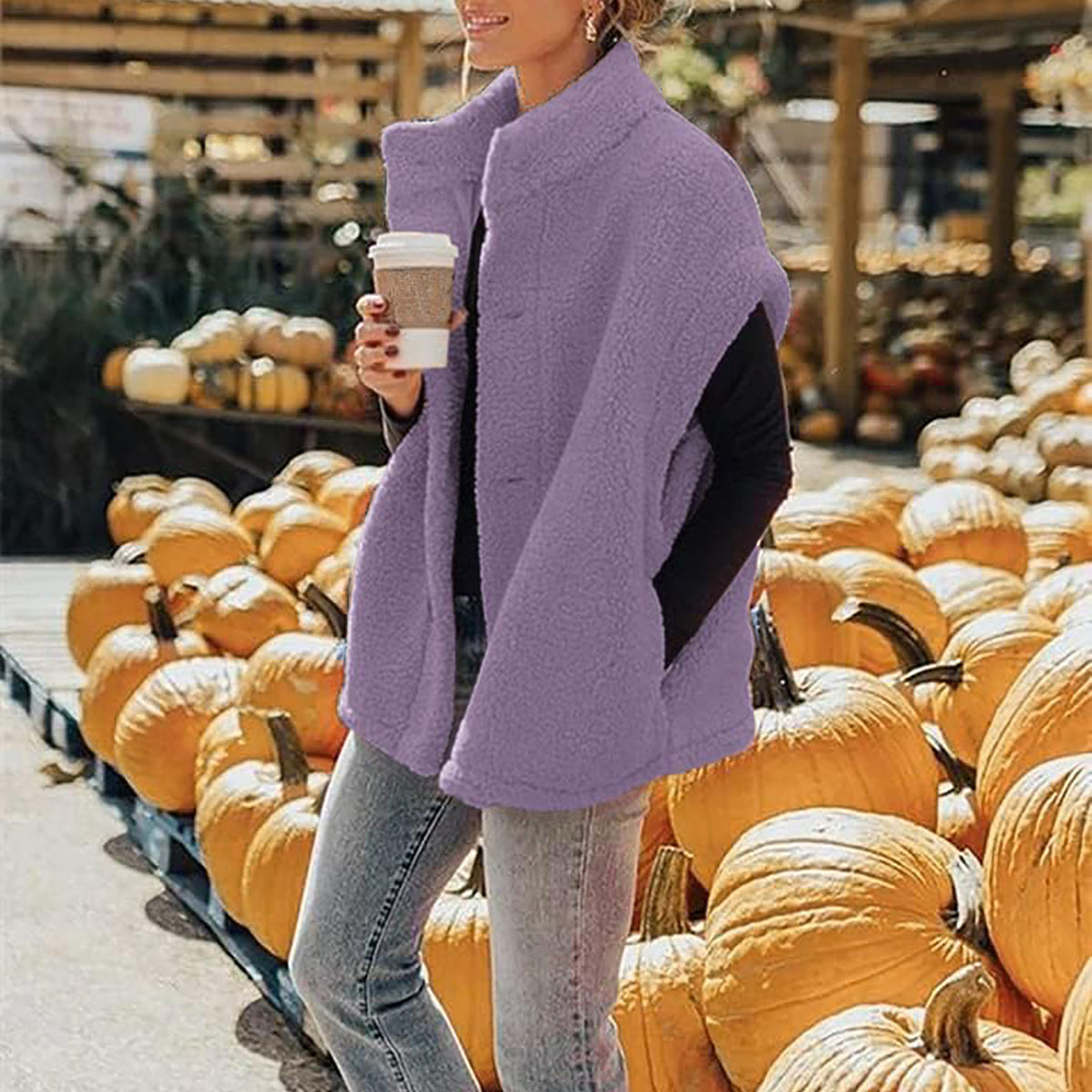 Women's Sherpa Fleece Vest Button Down Sleeveless Jacket