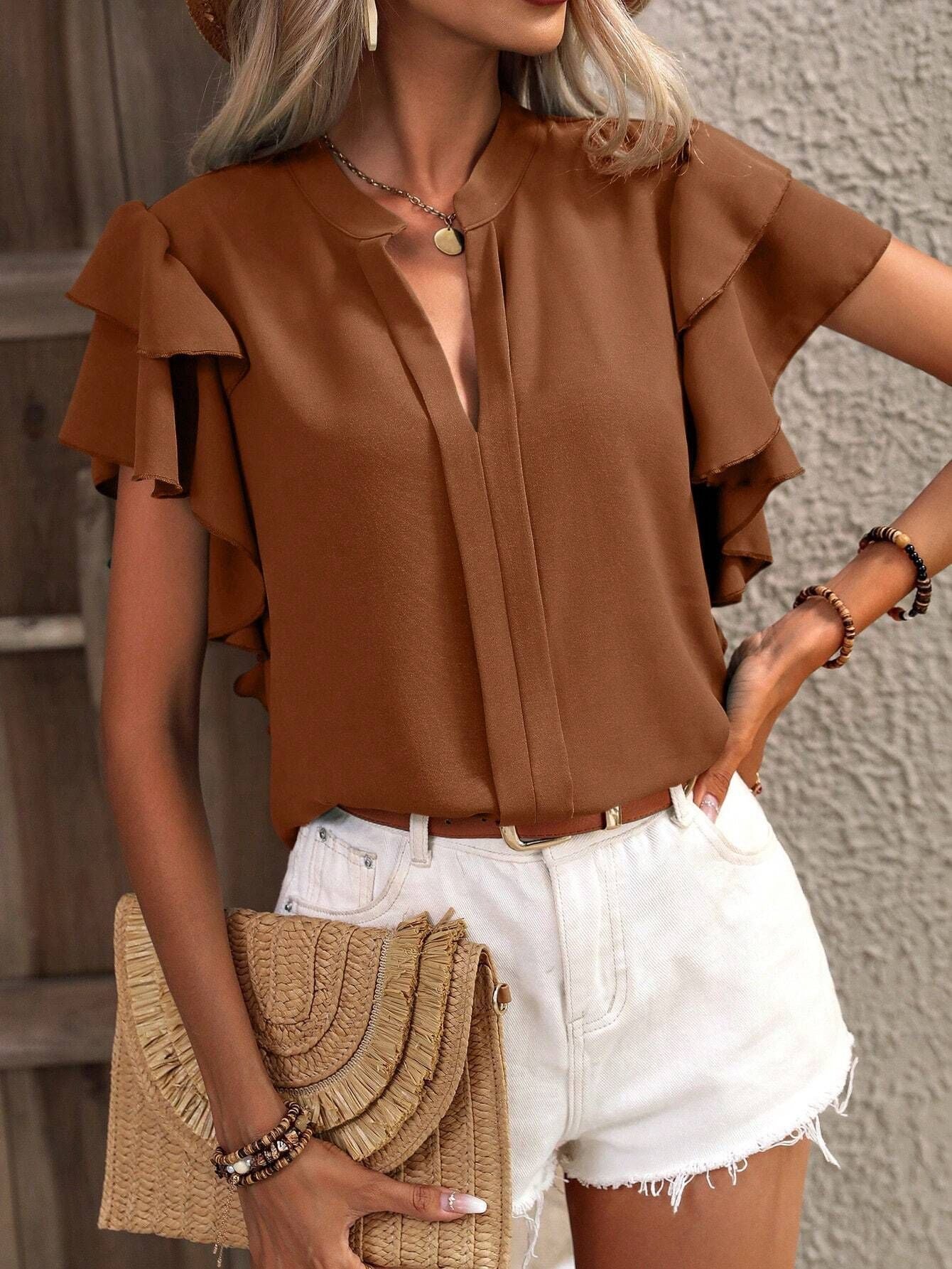 V-Neck Double-Layer Lotus Leaf Sleeve Solid Color Casual Top for Women