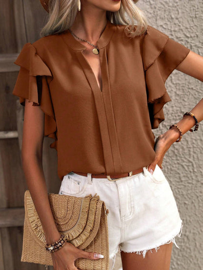 V-Neck Double-Layer Lotus Leaf Sleeve Solid Color Casual Top for Women