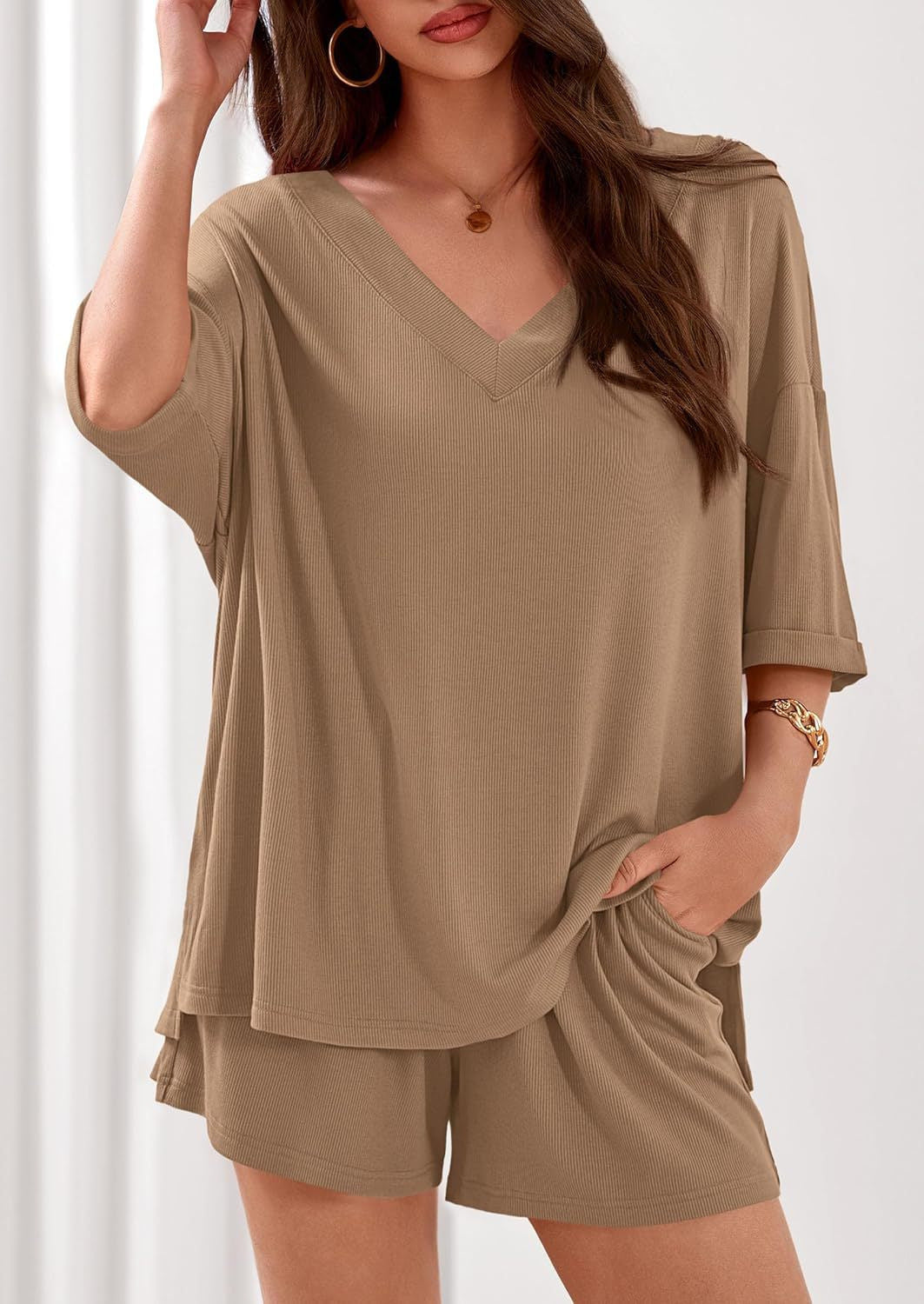 Ribbed V Neck Lounge Set Oversized Top Shorts Set