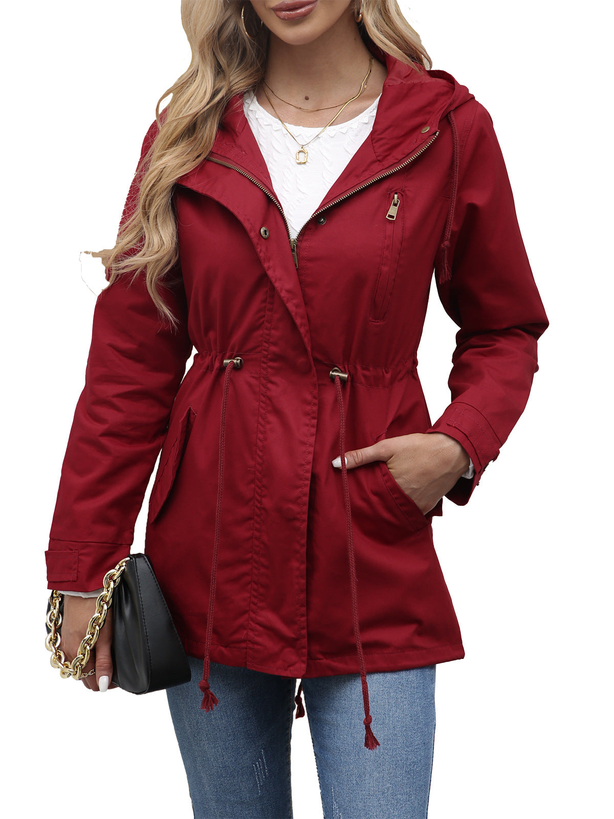 Women's Cotton Hooded Utility Jacket Drawstring Waist