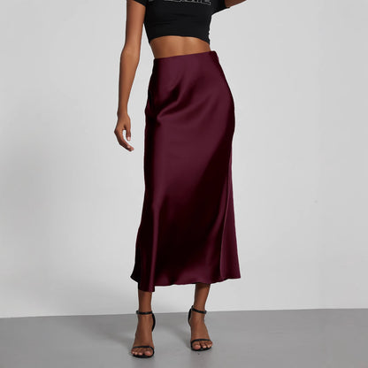 Women's Satin Midi Skirt High Waist Silky Flowy Elegant