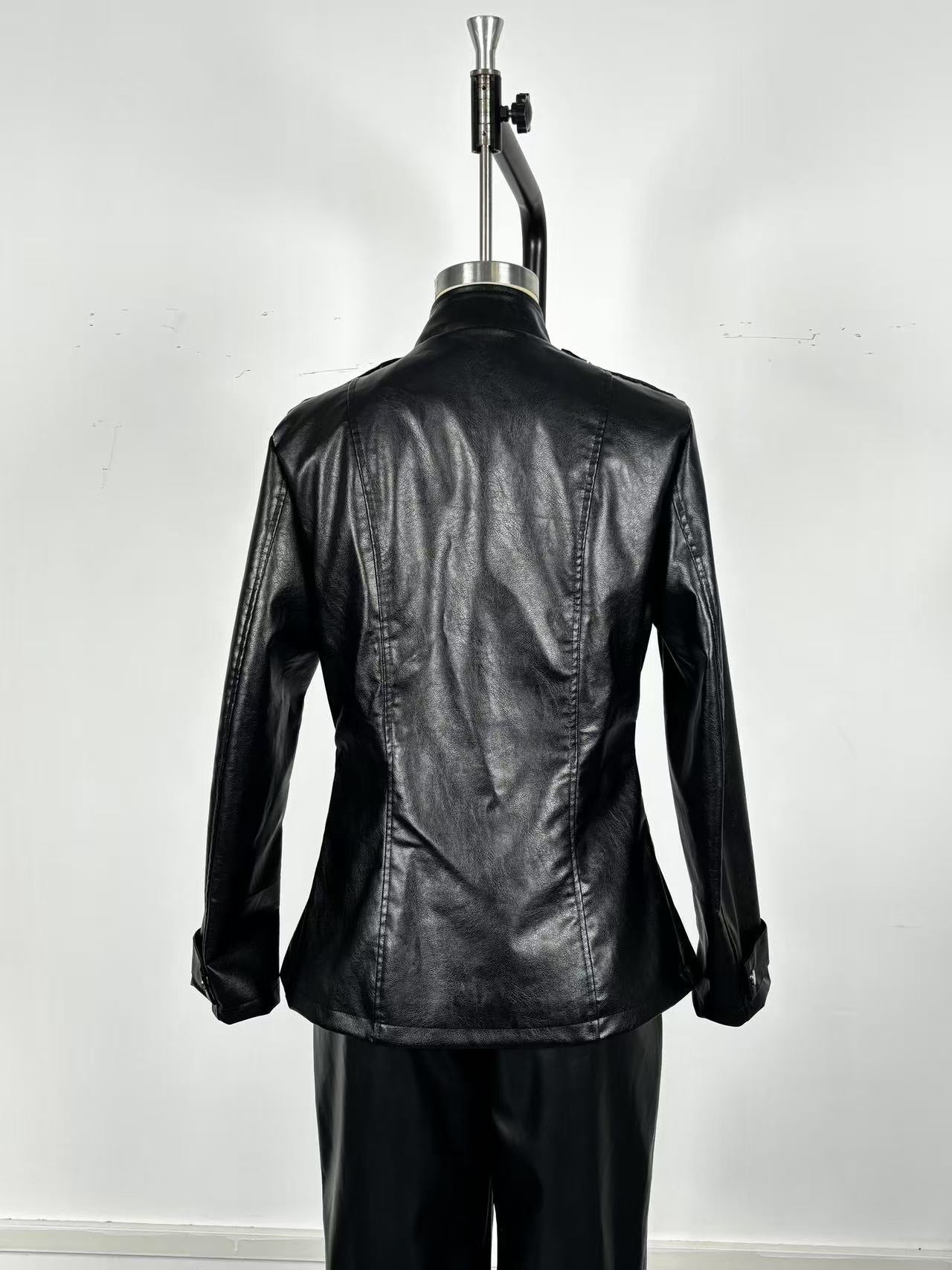 Women's Distressed Faux Leather Jacket Gothic Stand Collar