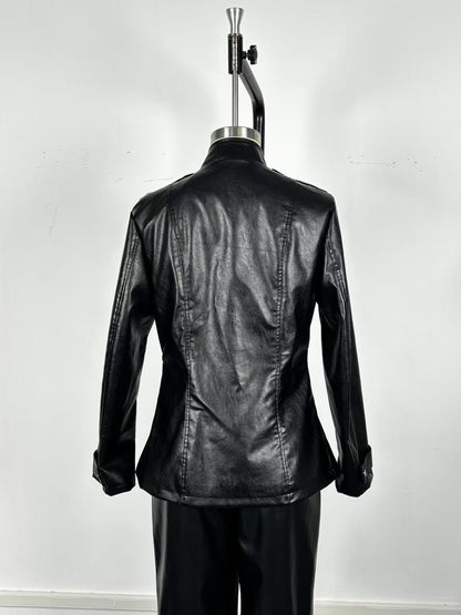 Women's Distressed Faux Leather Jacket Gothic Stand Collar