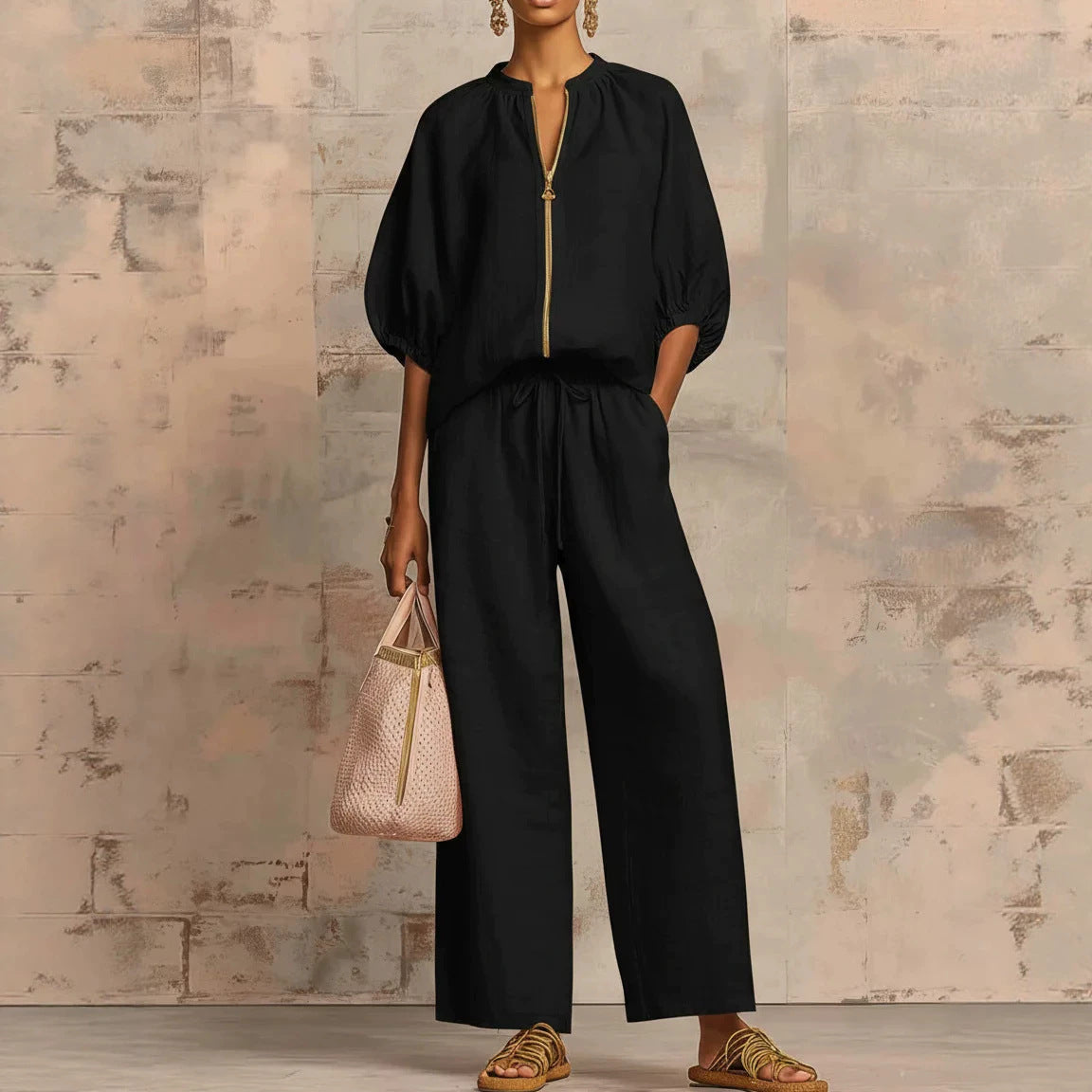 Women's Zip Front Bubble Sleeve Wide Leg Pants Set