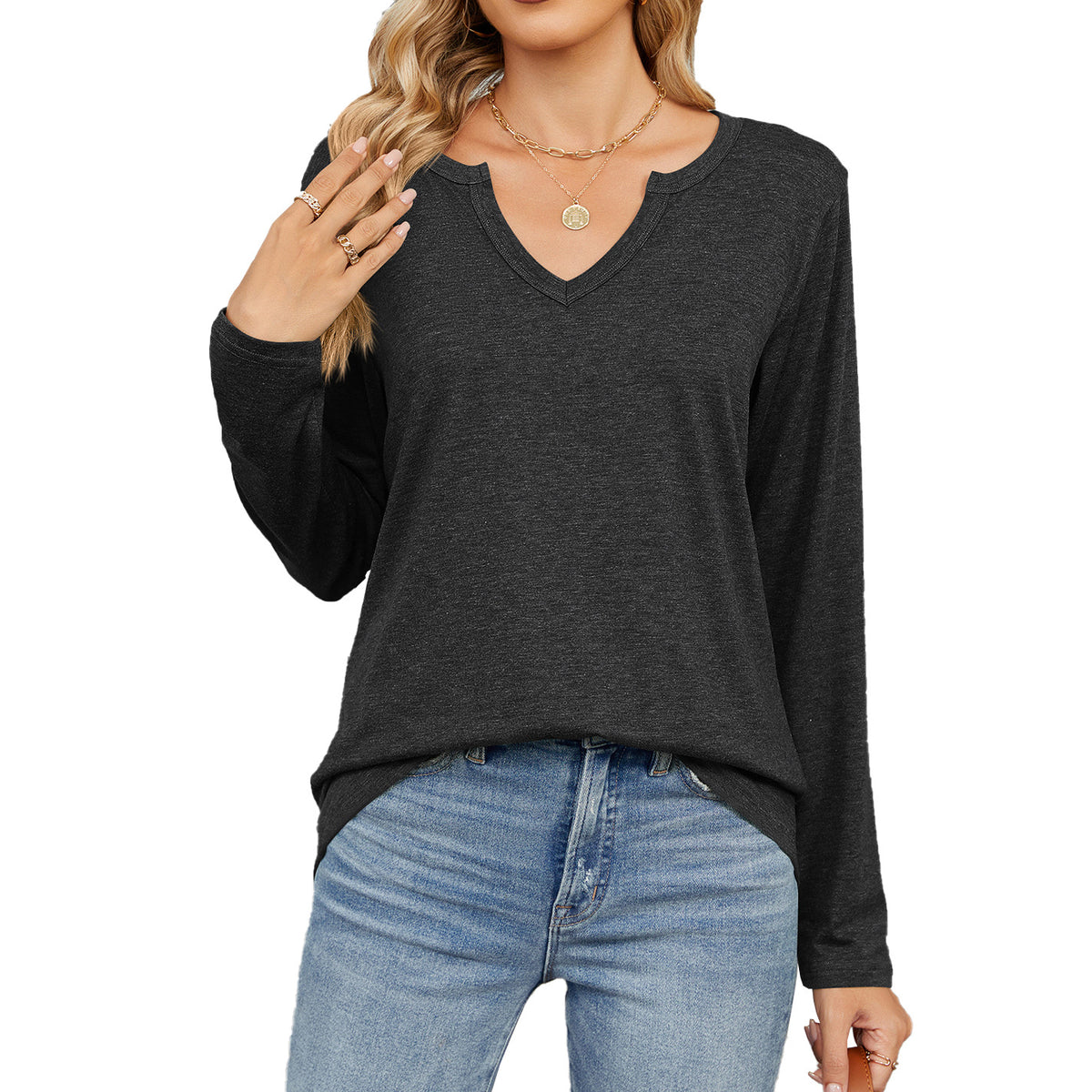 Women's Oversized V Neck Long Sleeve Tee Top