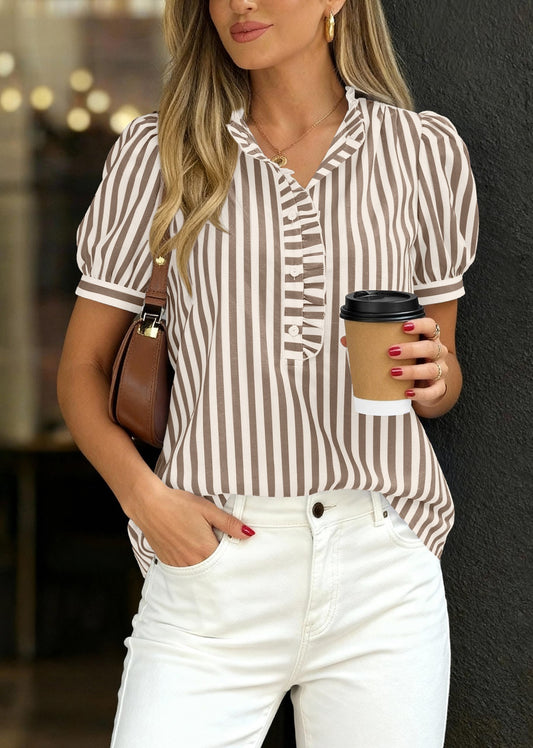 Striped Ruffle Trim Blouse V Neck Puff Sleeve Top