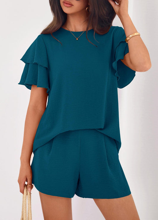 Solid Lounge Set Ruffle Sleeve Top Shorts 2 Piece Set
