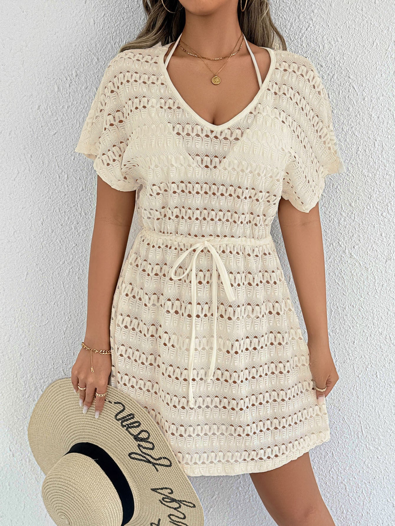 Sheer Lace Drawstring Beach Cover Up with Bow Tie Waist